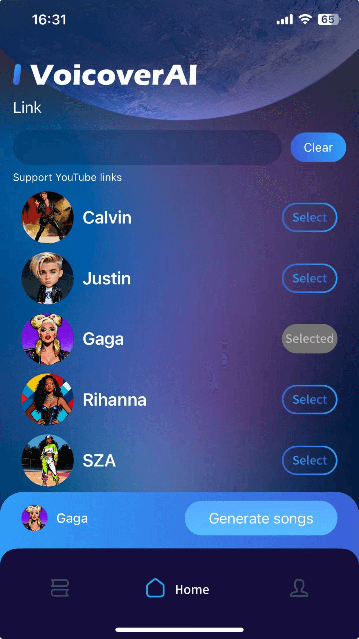 Voice selection and generation screen